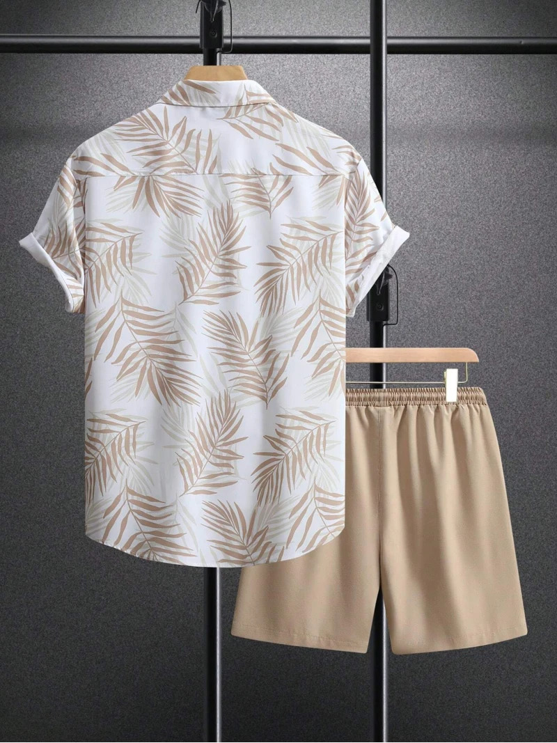 Summer Fashion Mens Suit Elegant Plant Printing Pattern Shortsleeved Lapel Shirt And Drawstring Shorts Leisure Twopiece Suit 251021