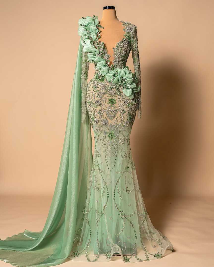 Fashion Mermaid Evening Dress Long Sleeve Prom Gowns V-Neck Beads Satin Sexy Prom Dress vestidos de novia Size Customized Robes De Mariee L252683