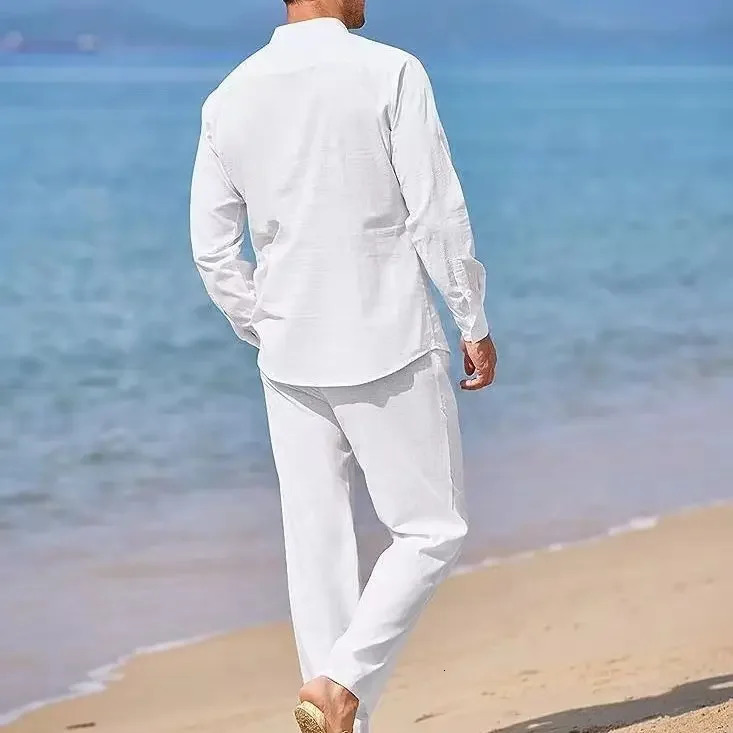 Mens Casual Linen Two Piece Sets Europe Style Vintage Basic Tops and Solid Pants Suit Male Beach Tracksuits Set 251021