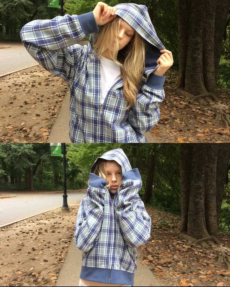 Retro gothic Harajuku Y2K fleece lining checkered design fashionable casual women hoodie high street trend punk loose hoodie W251021