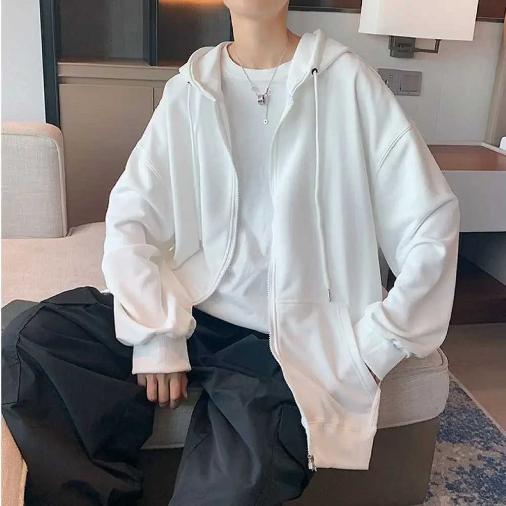 Mens Trendy Hoodie Cardigan Autumn Hooded Sweatshirt Solid Color Classic Jacket Long Sleeve Zipper Coat Casual Men Clothing W251021