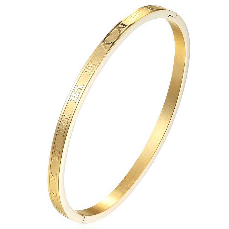 New Arrival 4mm Wide Stainless Steel Carving Roman Numerals Gold Color Woman Bangle Lover Cuff Bracelet Woman Jewelry For Gifts J251021