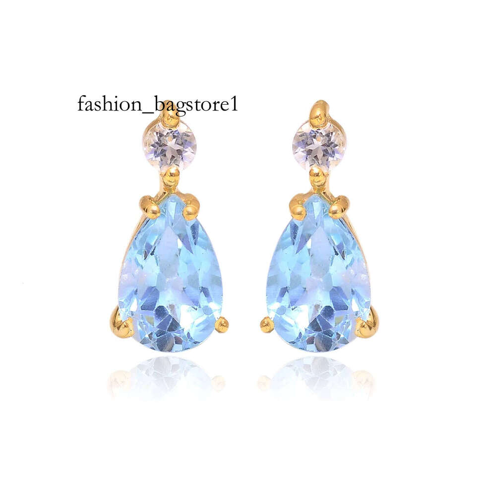 Pure Sier Natural Blue Topaz and Mosan Handmade Jewelry Gold-Plated Earrings