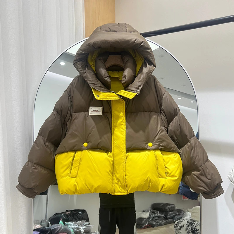 Winter Short Patchwork Hooded Parker Down Jacket Female Zipper Waterproof Thick Outwears Women White Duck Puff Warm Jackets 251017