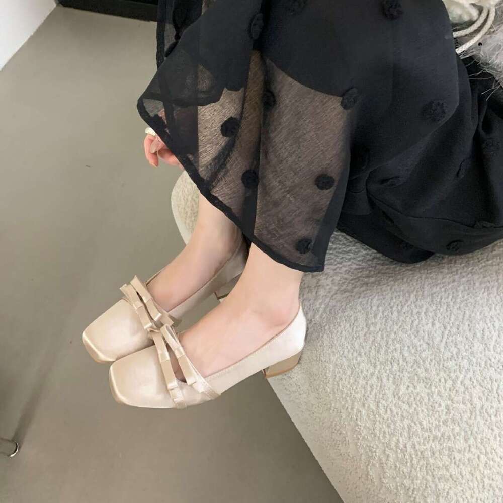 2025 New Designer French Satin Mary Jane - Women's Sweet & Elegant Slip-On Single Shoes with Square Toe & Chunky Heel