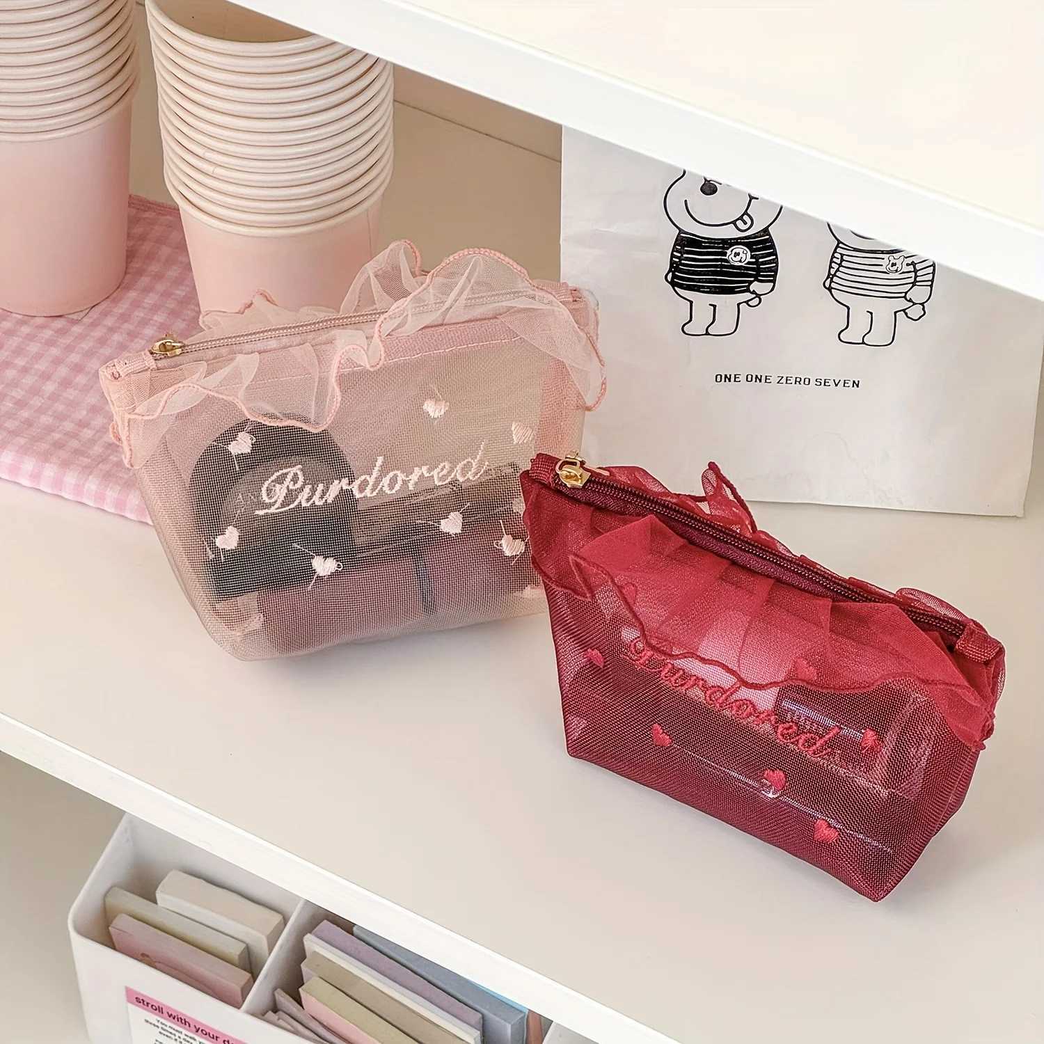 1pc Purified Red Mesh Makeup Bag with Ruffle Detail Love Embroidery Cute Portable Cosmetic Organizer for Girls Toiletry PouchW251021
