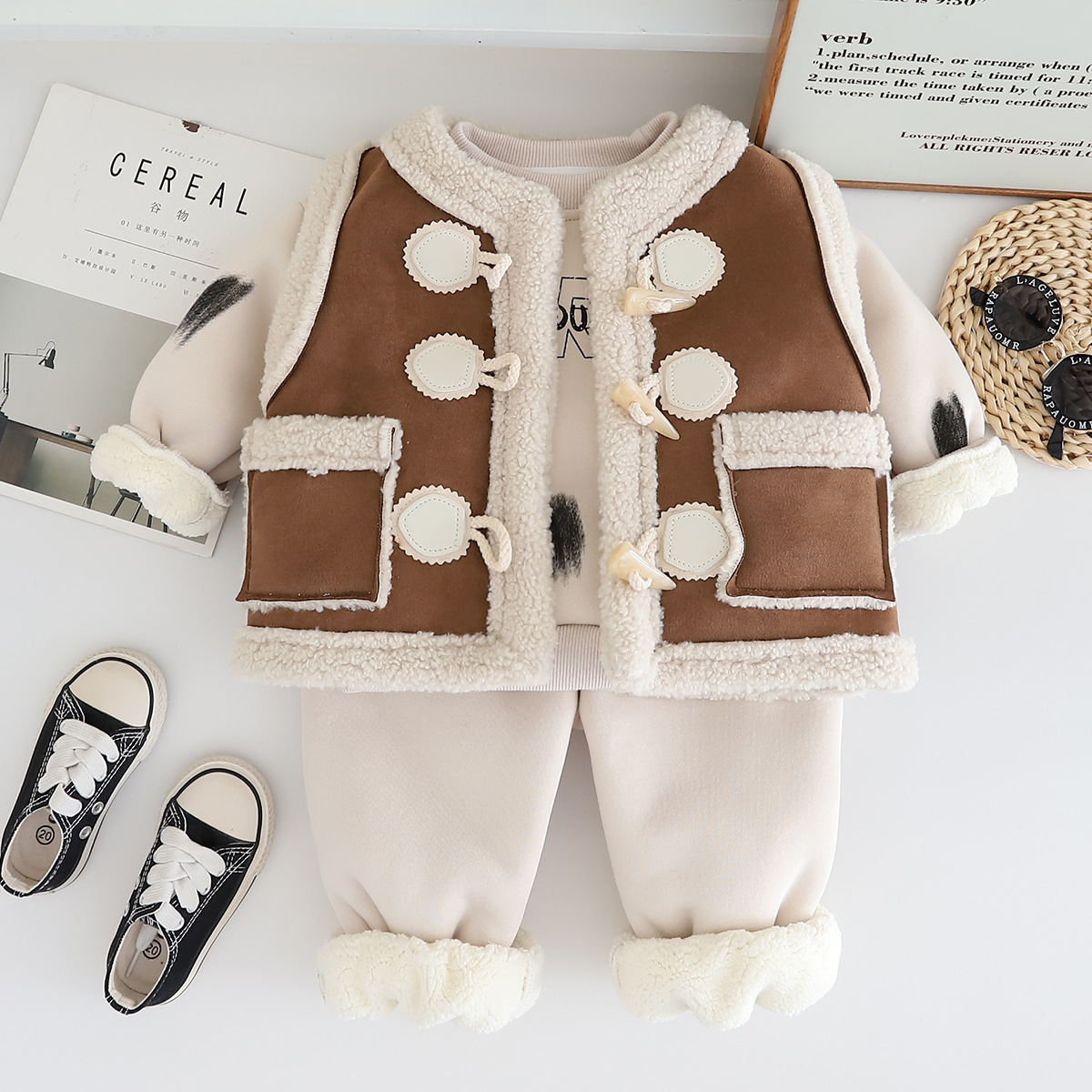 luxury kids clothing Ultra-Warm Kids 3-Piece Set 2025, Fleece-Lined Hoodie Vest Combo, Coordinated Winter Outfit for Toddlers Boys Girls