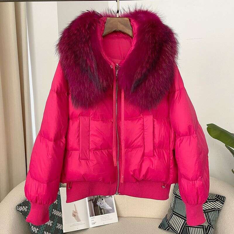 Women Clothing Ready to stock detachable oversized raccoon fur collar winter women short thickened white duck Warm jacket flat coat