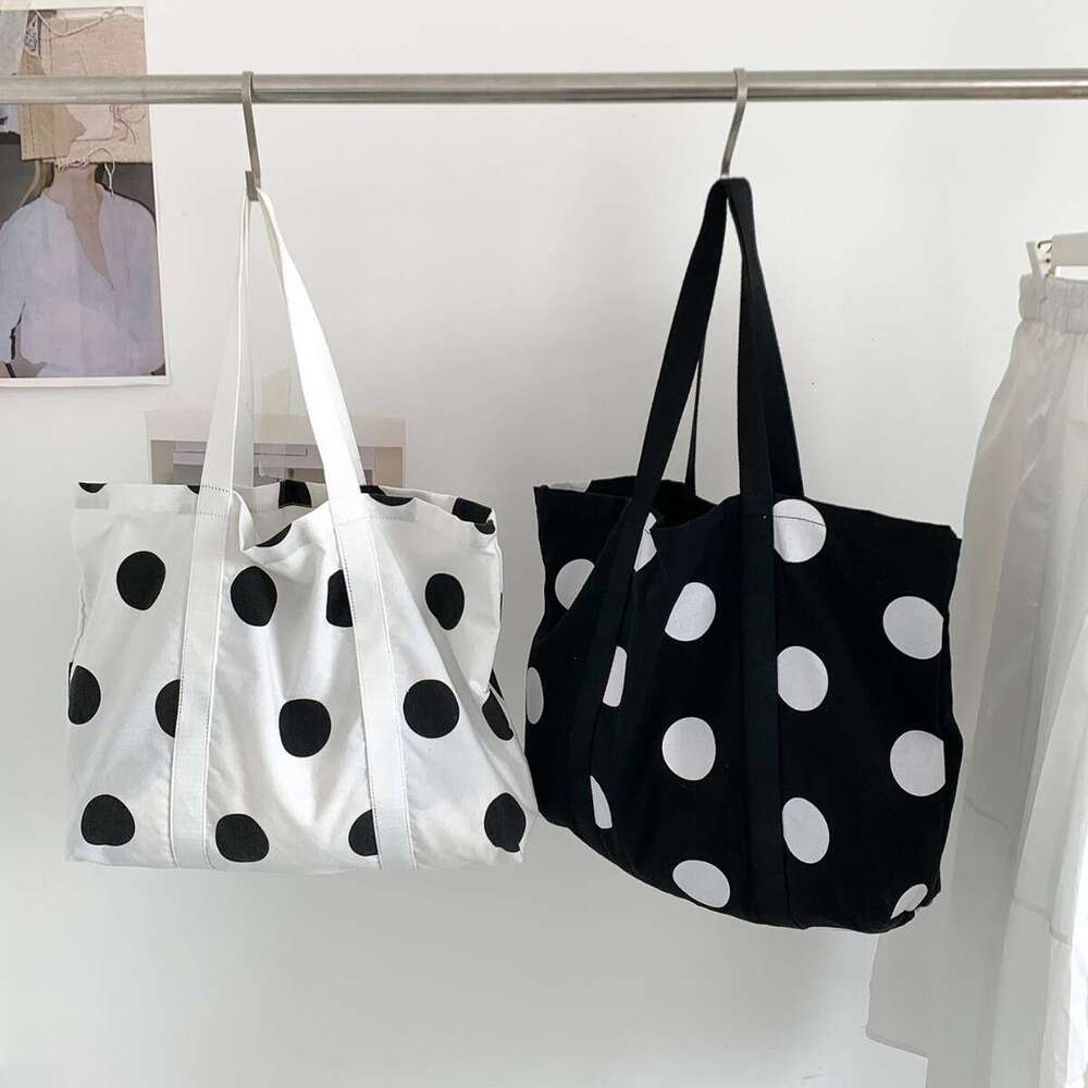 Korean Style Large Capacity Tote New Trend Simple Shoulder Women Fashion Design Polka Dot Canvas Bag B5