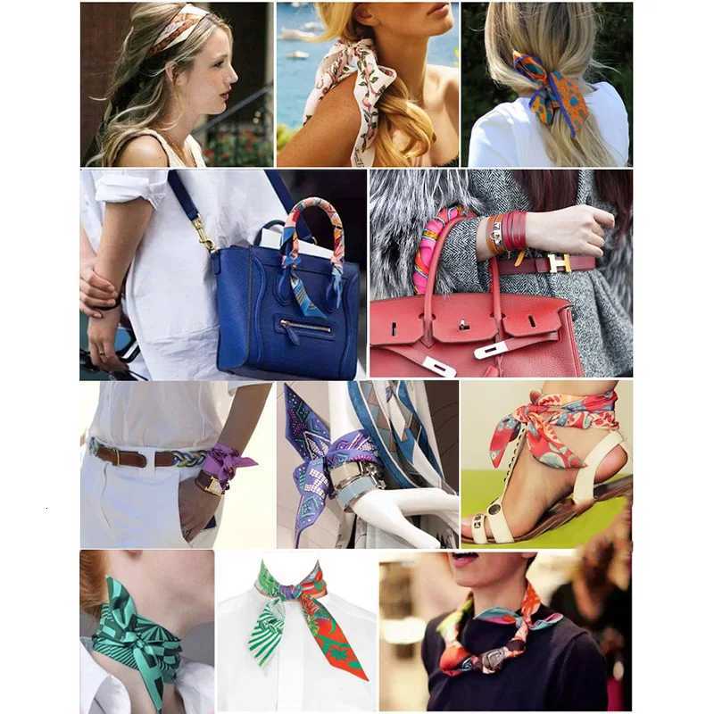 Women Print Flower Small Scarf Handle Bag Ribbons Fashion Head Scarf Small Long Skinny Scarves Headbands Tie Accessories W251021