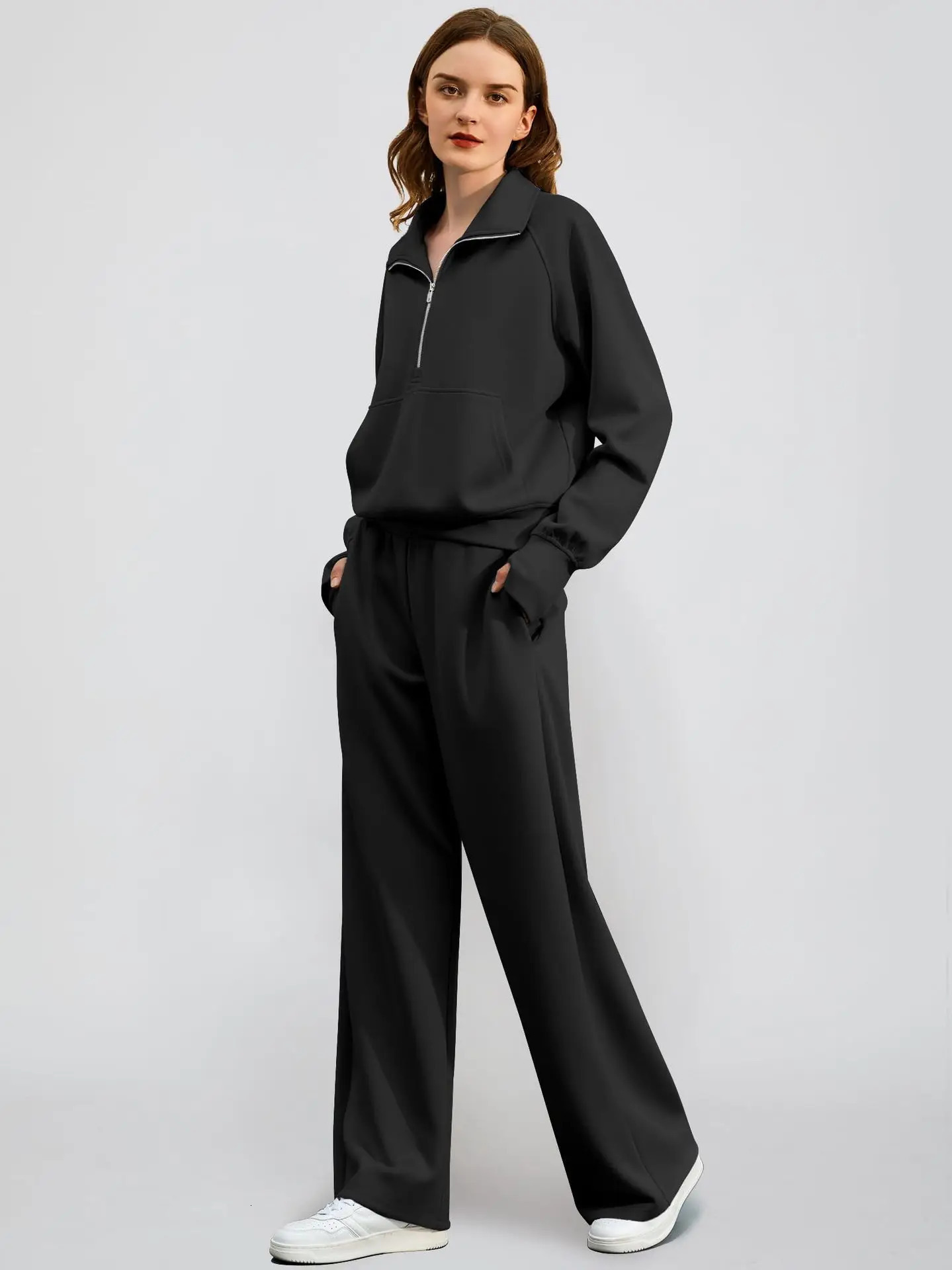 Woman Solid Color Half Zip Long Sleeve Sweatshirt and Wide Leg Pants Set Casual Sporty Two Piece Outfit 251021