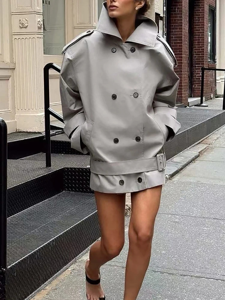 Winter Sexy Lapel Neck Double Breasted Slim Coat With Belt Women Gray Long Sleeve Button Jacket Windbreaker Evening Party 251013