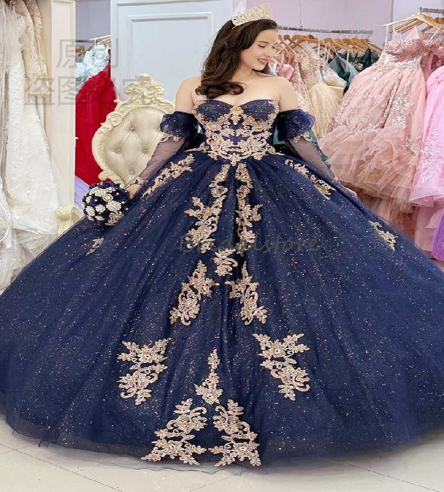 Sparkly Navy Quinceanera Dresses Glitter Gold Lace Off Shoulder Ball Gown Vestidos De 15 Quinceanera Birthday Sweet 16 Dress 2026 Formal Occasion Part