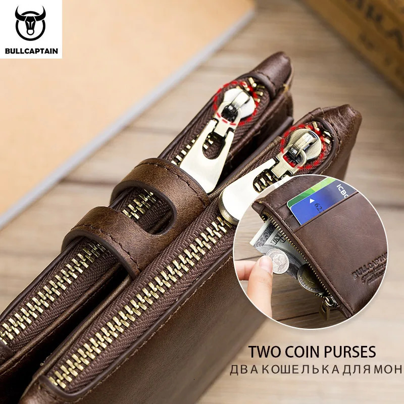 BULLCAPTAIN Genuine Leather RFID Men Wallet Credit Business Card Holders Double Zipper Cowhide Leather Wallet Purse Carteira 021 251013