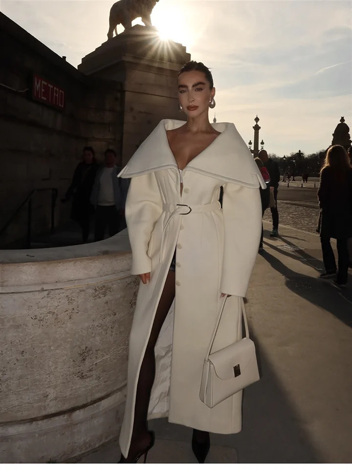 Elegant Womens Wool Blend Maxi Dress Coat Oversized Cape Lapel Belted Chic Outerwear Loose Warm Autumn Winter Fashion Outfit 251017