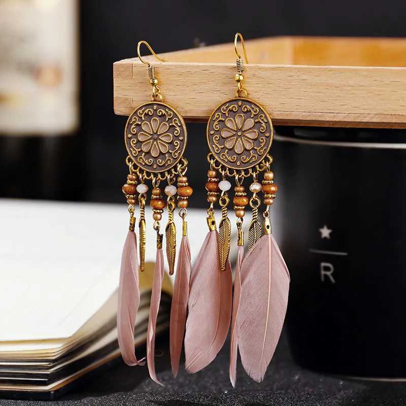 Boho Long Feather Dangle Womens Earrings Beach Long Tassel Beads Handmade Flower Enamel Earrings Bride Wedding Pendientes Mujer J251021