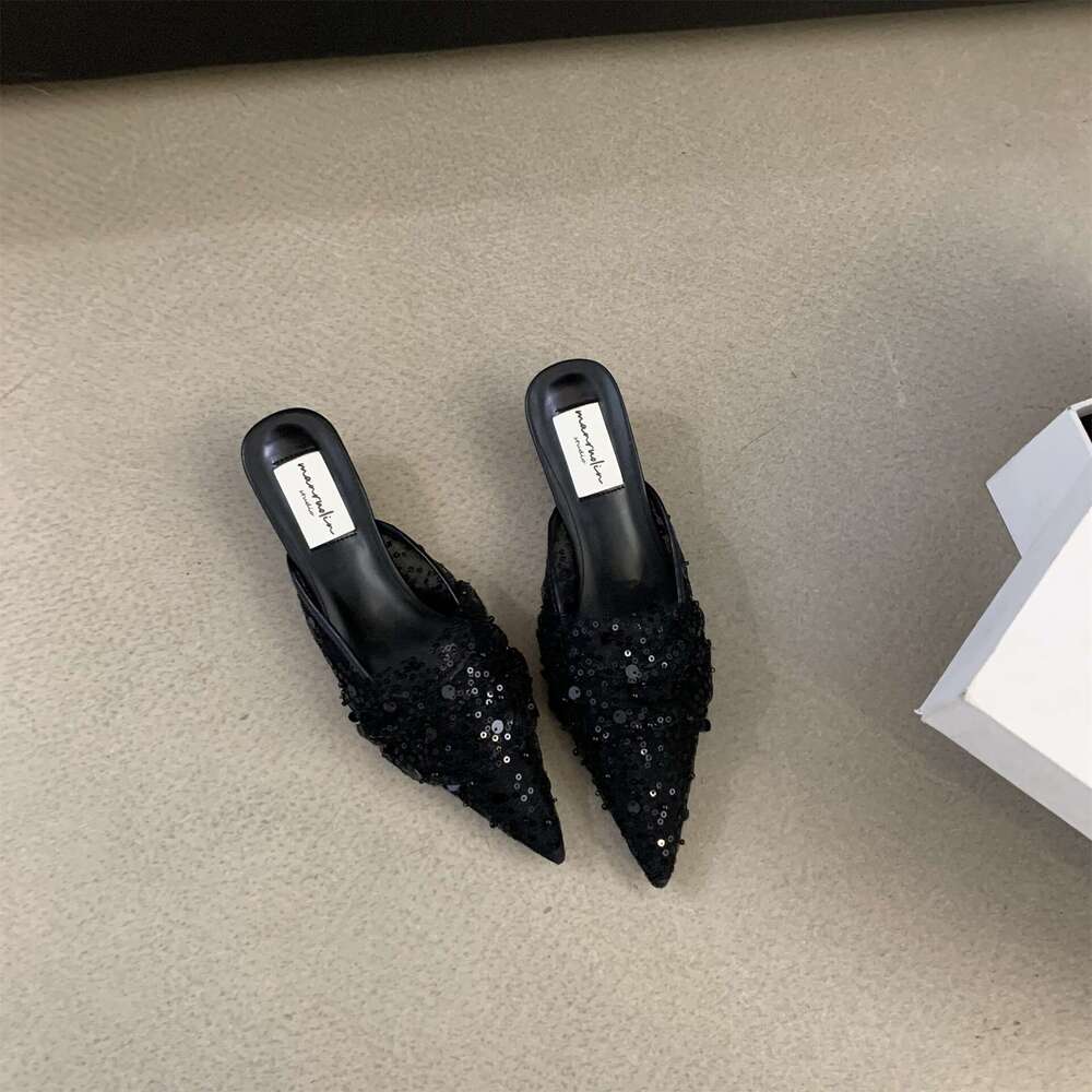 Pointed Toe Shallow Mouth Mules 2025 Spring New Women's Designer Lace Hollow Shoes Thin Mid Heel & Versatile for Outdoor Wear