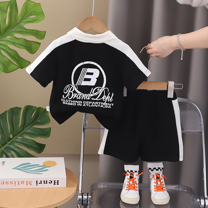 Free Shipping 2025 Kids Polo Shirt Set 2-Piece, Color Blocking Letter Print Short Sleeve Outfit, Boys Girls Summer Casual Clothes for Toddlers