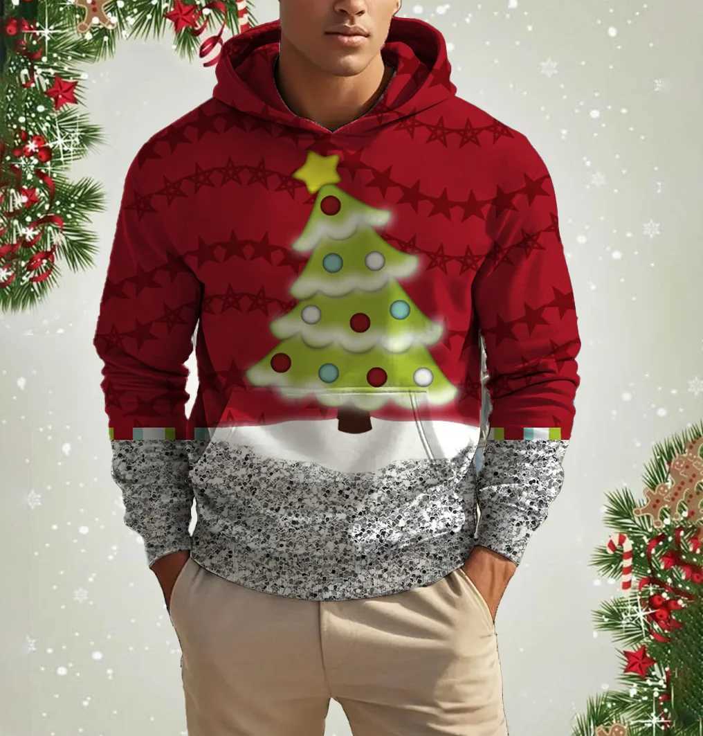 Christmas Elk Print Mens Hoodies Sweatshirts Autumn Winter Casual New Year Clothing Fashion Loose Hooded Pullover Xmas Tops W251021