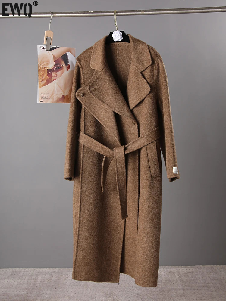EWQ Brown Woolen Overcoat Office Trendy Women Scarf Collar Long Sleeved Long Outerwear Doublefaced Cashmere Coat Autumn 251017