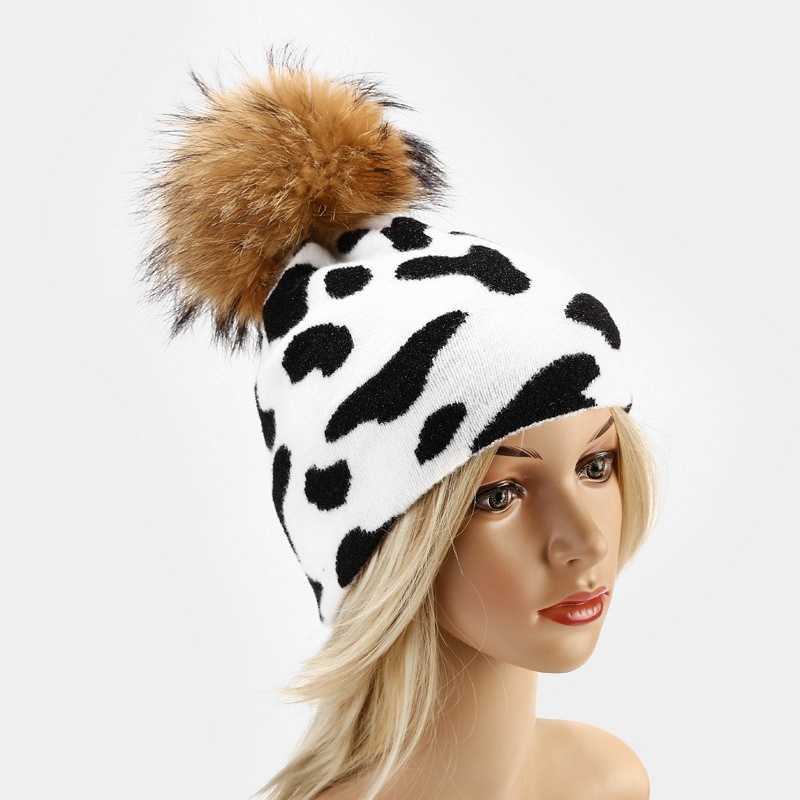 Cow Leopard Pattern Knitted Hat Womens Outdoor Warm Real Wool Ball Knitted Hat Autumn and Winter H251020