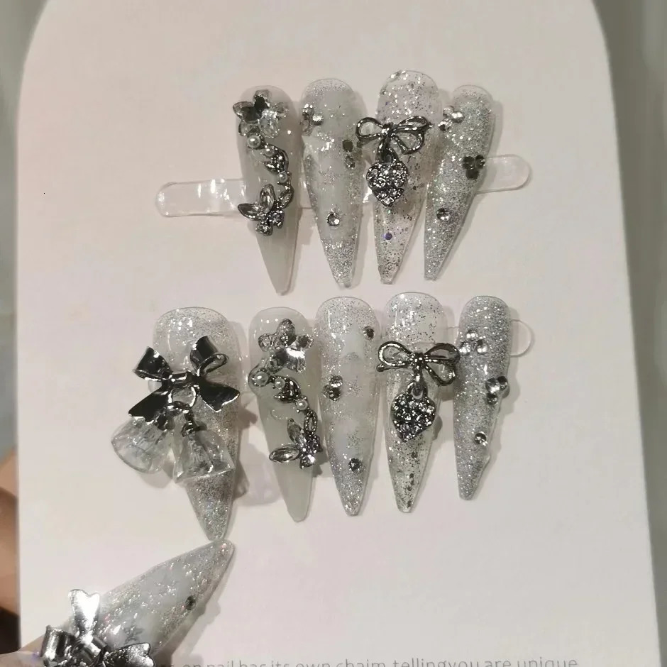 Glitter Handmade Nails Broken Diamond Gradient Fake Nails Snowflakes Nail Art Patches Bowknot Bells Christmas Nail 251014