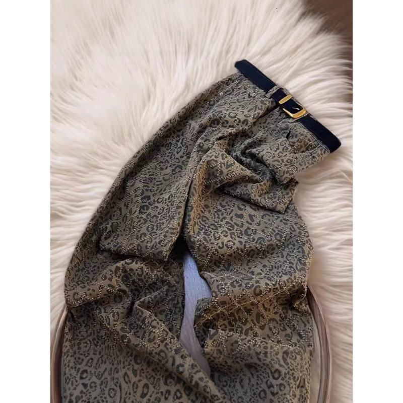 2025 designer autumn new high-end leopard print high waist slim fit jeans women's street style American retro casual pants