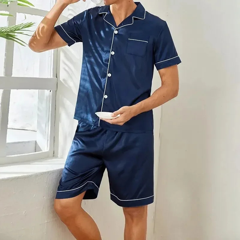 Plus Size Mens Pajama Set Faux Silk Lapel Cardigan Student Homewear Simple Short Sleeve Shorts Set Premium Feeling Solid Colour 251021