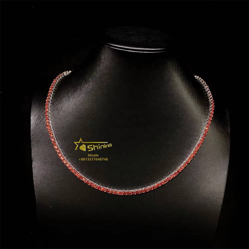 New Style High Quality Hip Hop Mens 4mm Necklace Garnet Gra Vvs Moissanite 925 Silver Tennis Chain