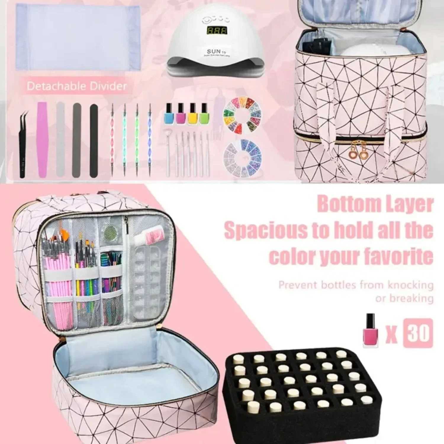 Professional Nail Case Cosmetic Organizer Bag Double Layer 30 Grids Nylon Makeup Handbag with Handle Portable Beauty Storage BagW251021