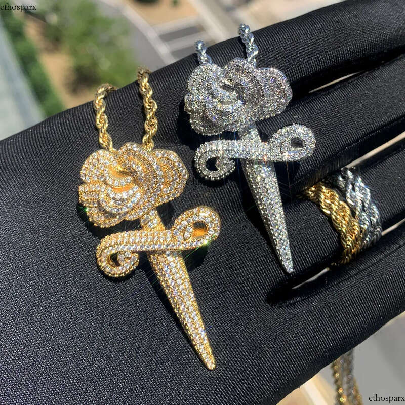 Hip Hop Rose Flower Cross Pendant Necklace 5A Zircon White Gold Plated Religious Jewelry