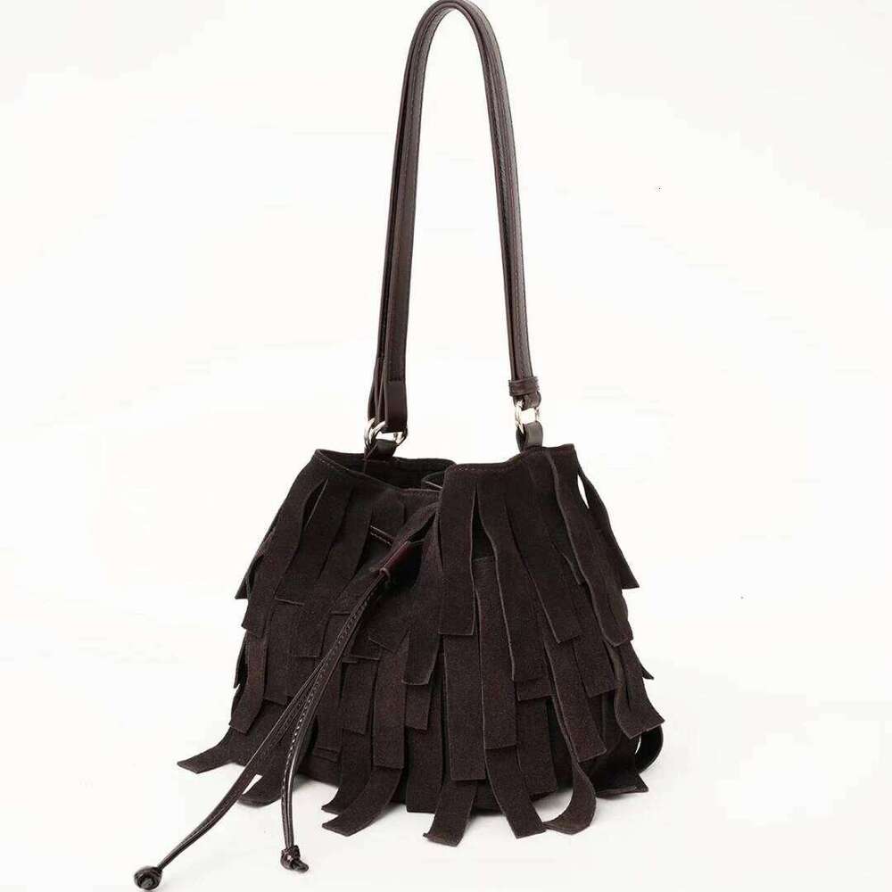 Suede Tassel Bucket New Niche Design Frosted Cowhide Bohemian Vintage Fashion Women One-Shoulder Crossbody Bag Suotong1021