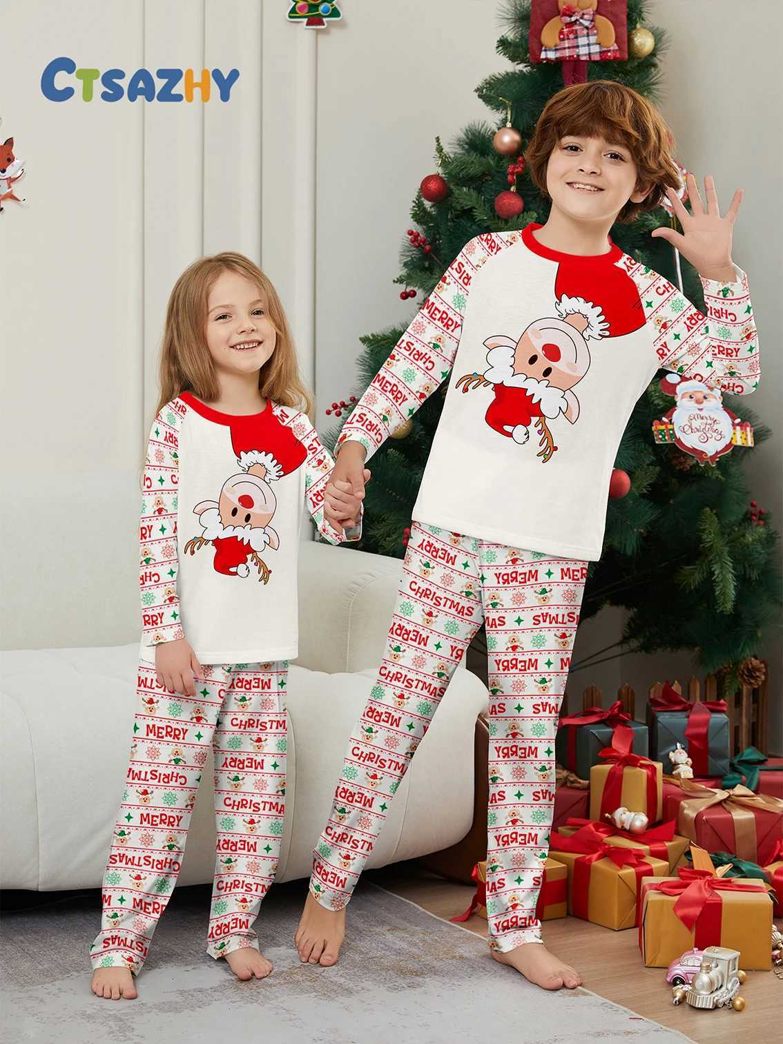 Christmas Family Sleepwear Set Cartoon Reindeer Merry Christmas Print Red White Pajamas L251021GGD7