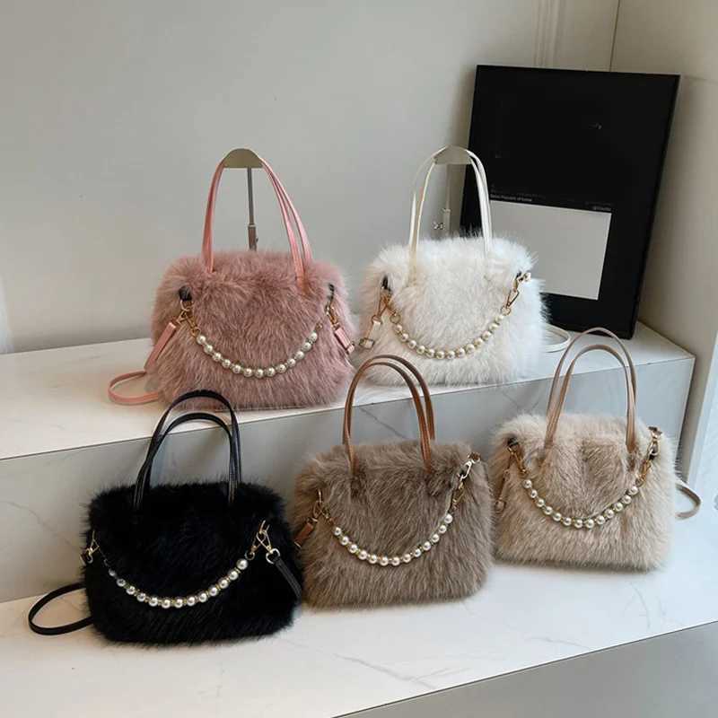 Candy Color Pearl Handle Womens Plush Crossbody Bag Portable Female Furry Handbags Winter Fashion Casual Shoulder BagsXJ251021