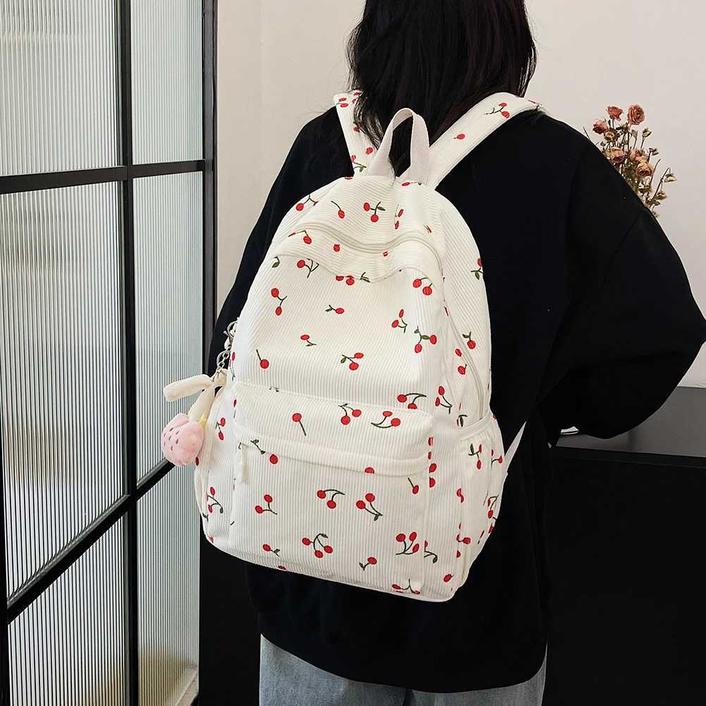 Corduroy Backpack Cherry Pattern Women Travel Daypack Adjustable Strap Laptop Backpack Rucksack for Work Shopping SchoolW251020