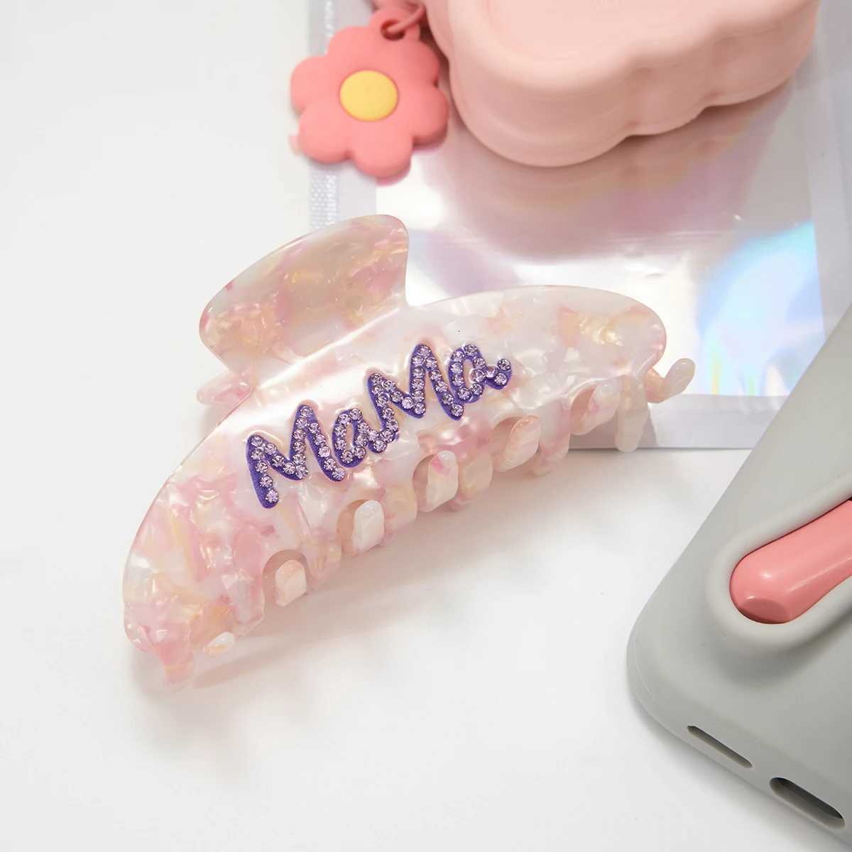 Zora Sweet 18K Gold Color Plated Inlay White Zircon Letters MaMa Colored Acetic Acid Gripper Shark clip Hair Accessory Girl GiftW254021