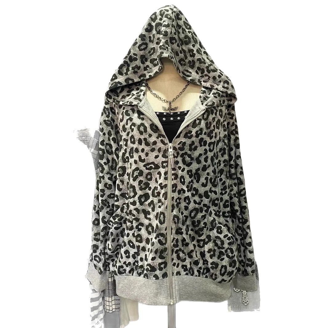 2025 American retro spicy leopard print hooded sweatshirt retro women's new autumn and winter zipper jacket designer luxury hooded sweatshirt