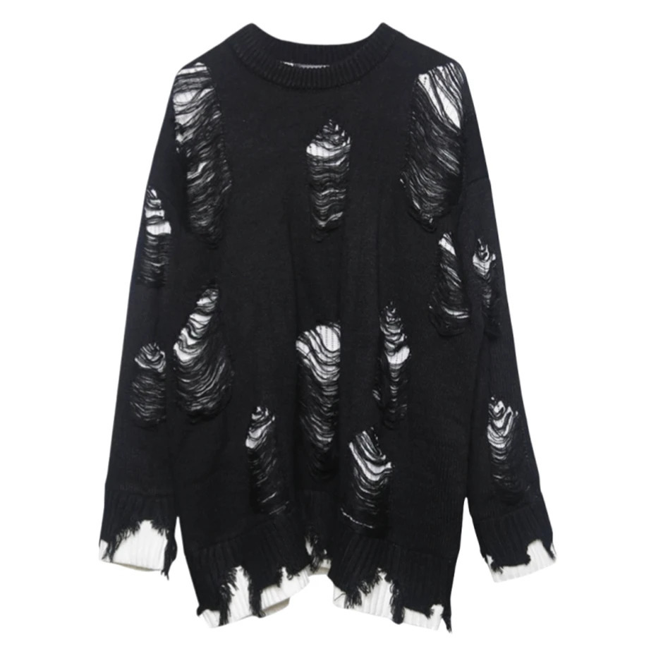 Mens Knitted Sweater Streetwear Hip Hop Punk Ripped Hole Pullover Men Oversized Harajuku Fake Two Pieces Casual Sweaters Male 251020