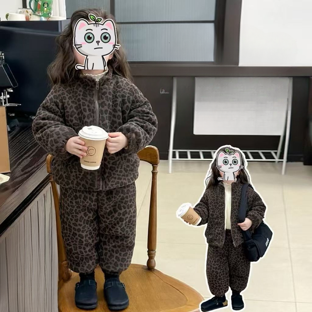 New designer boy and girl winter wool suit fashionable boy and girl baby warm thick high neck jacket pants cotton two-piece set