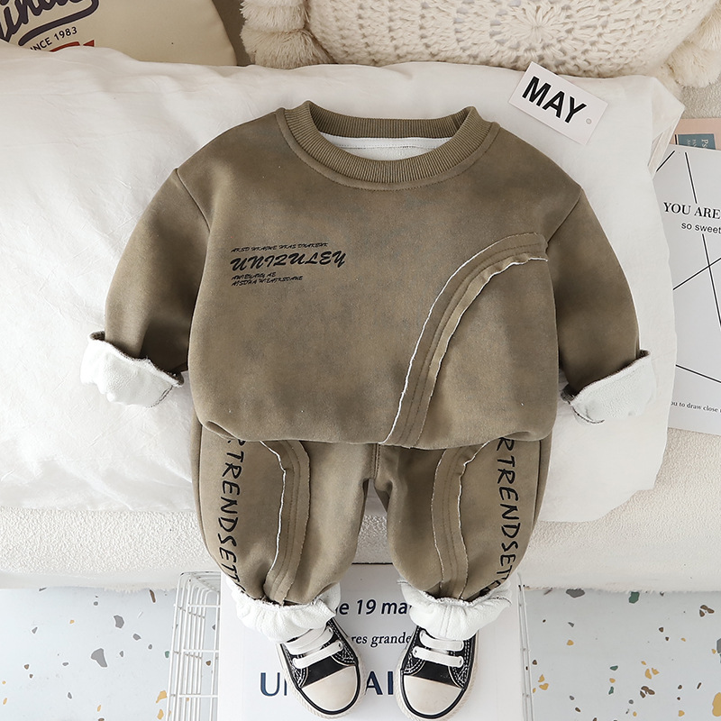 Winter Warm 2025 New Boys Fleece-Lined Hoodie Set, Letter Patchwork Streetwear 2-Piece, Loose Fit Casual Outfit for Toddler Boys