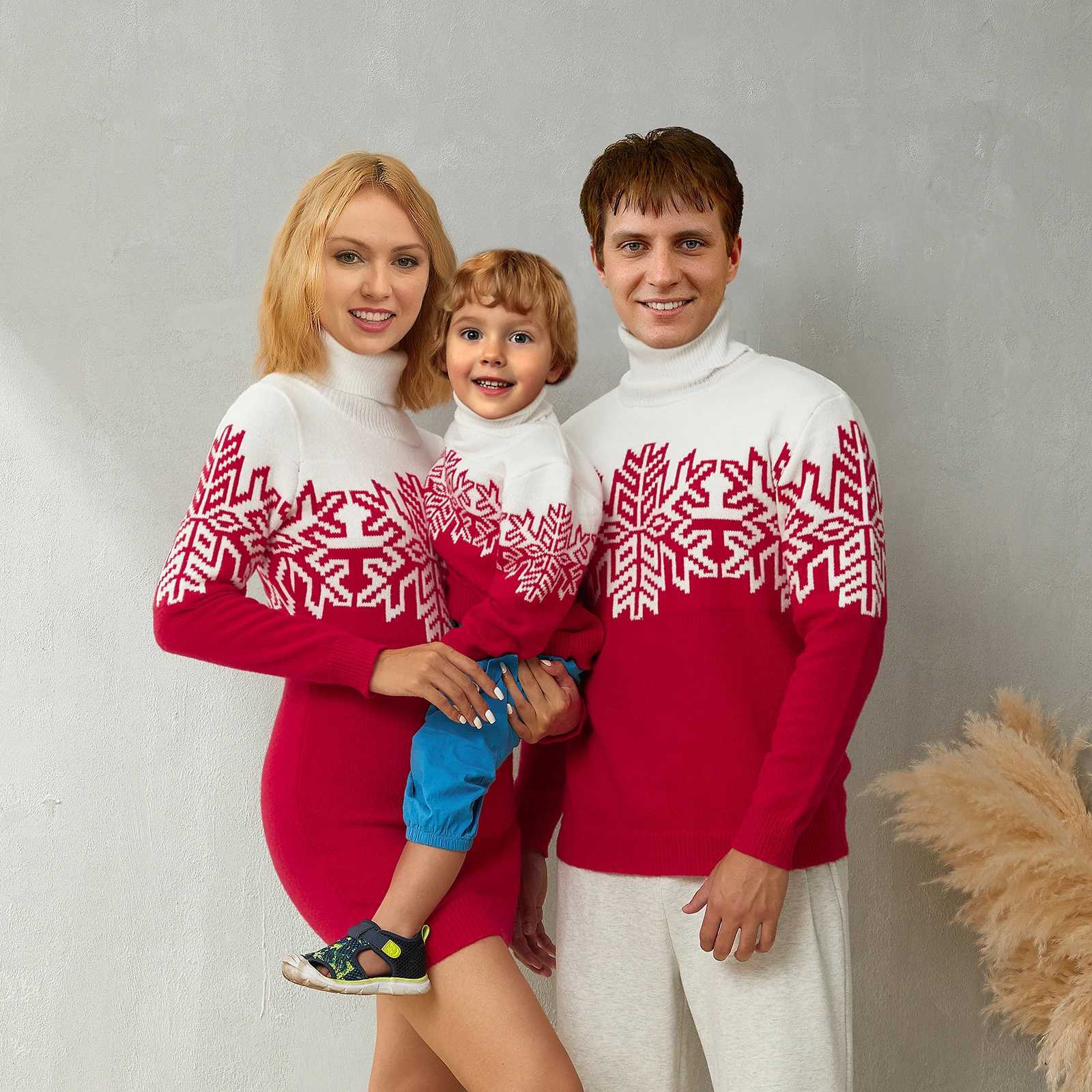 Family Matching Christmas Sweater Snowflake Print Contrast Color Turtleneck Long Sleeve Knitted Pullovers L251021XO5I