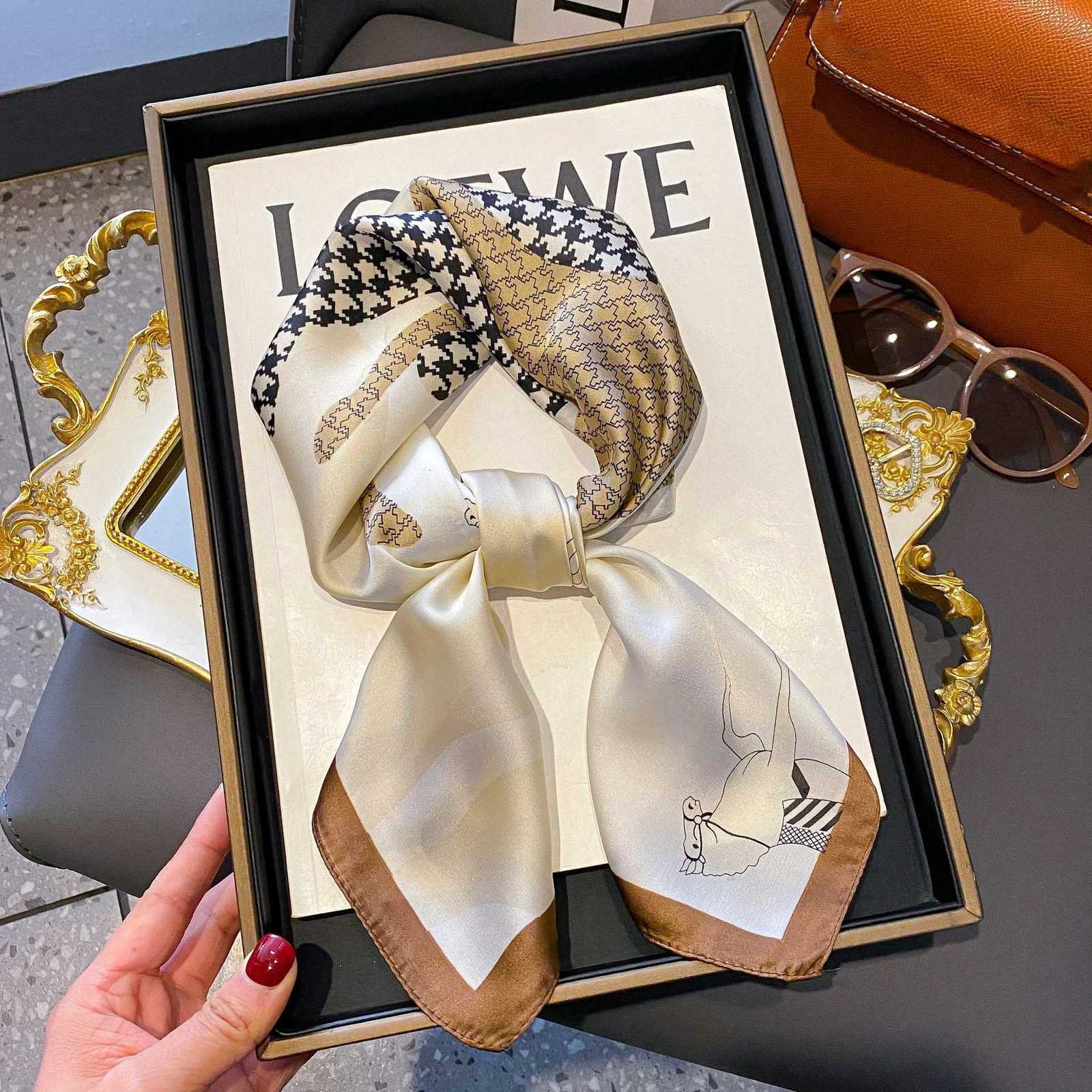 Luxury Design Silk Square Scarf Women Flower Print Foulard Neckerchief Lady Soft Satin Tie Shawl Wraps Hairband Head Hijab Gifts W251021