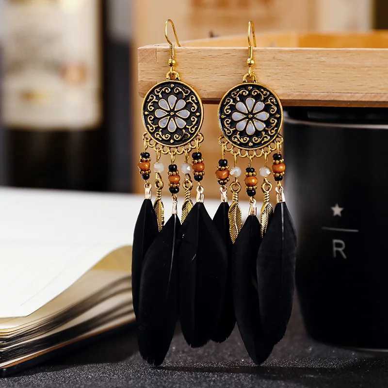 Boho Long Feather Dangle Womens Earrings Beach Long Tassel Beads Handmade Flower Enamel Earrings Bride Wedding Pendientes Mujer J251021