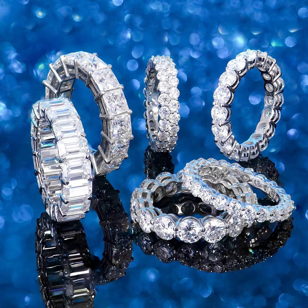 Iced Out S925 Silver Princess Emerald Round Cut Vvs d Color Eternity Moissanite Diamond Hip Hop Tennis Ring with Gra Certificate