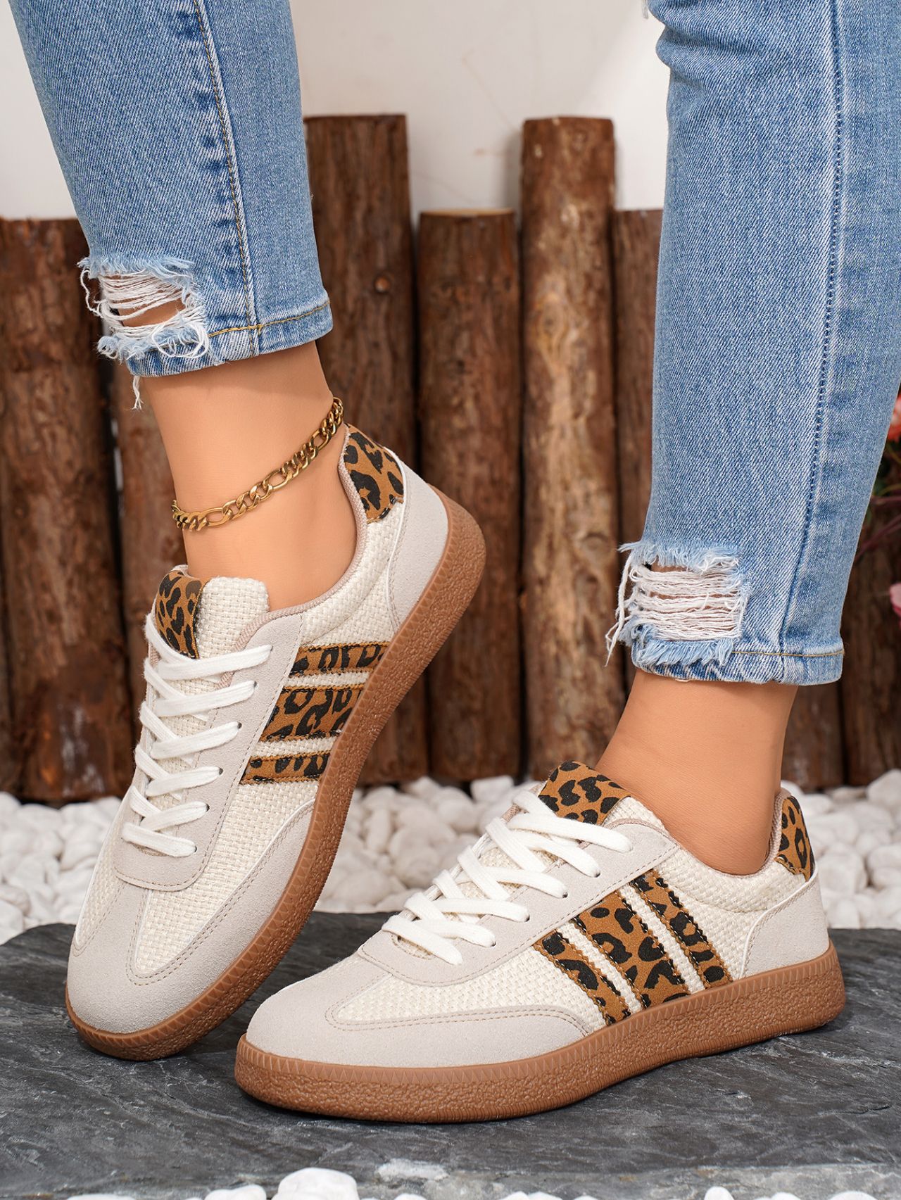 Retro German training shoes women's new lace-up color-blocked round toe leopard print contrasting flat casual board shoes2025