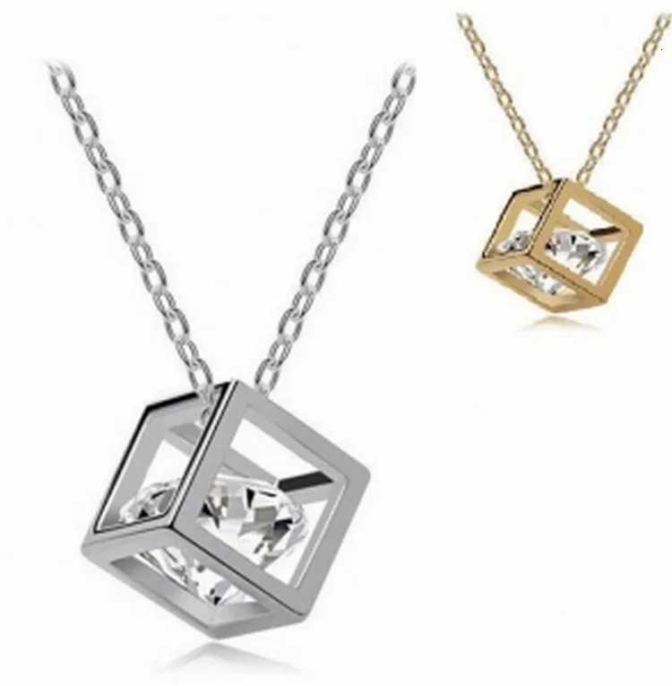 Fashionable Love Cube Threedimensional Necklace Shiny Charm Rhinestones Small Box Short Clavicle Chain Maxi Necklace Pendants1 D251021