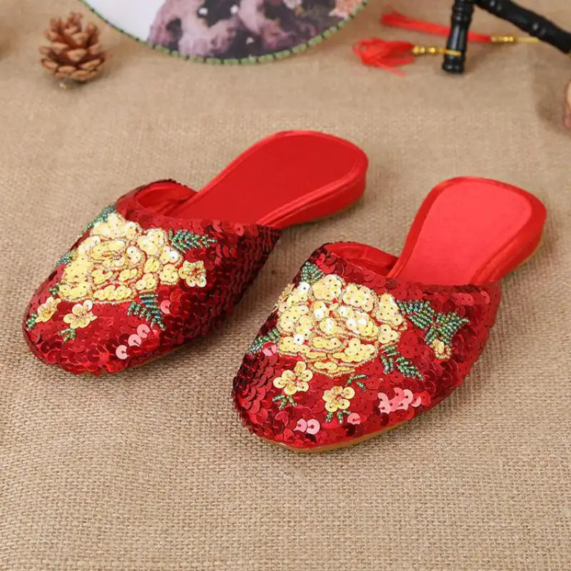 3640 Women Slippers Sequin Embroider Shoes Summer Silk Fabric Flats Flower Closed Toe Soft Sole Nonslip Chinese Style Footwear 251011