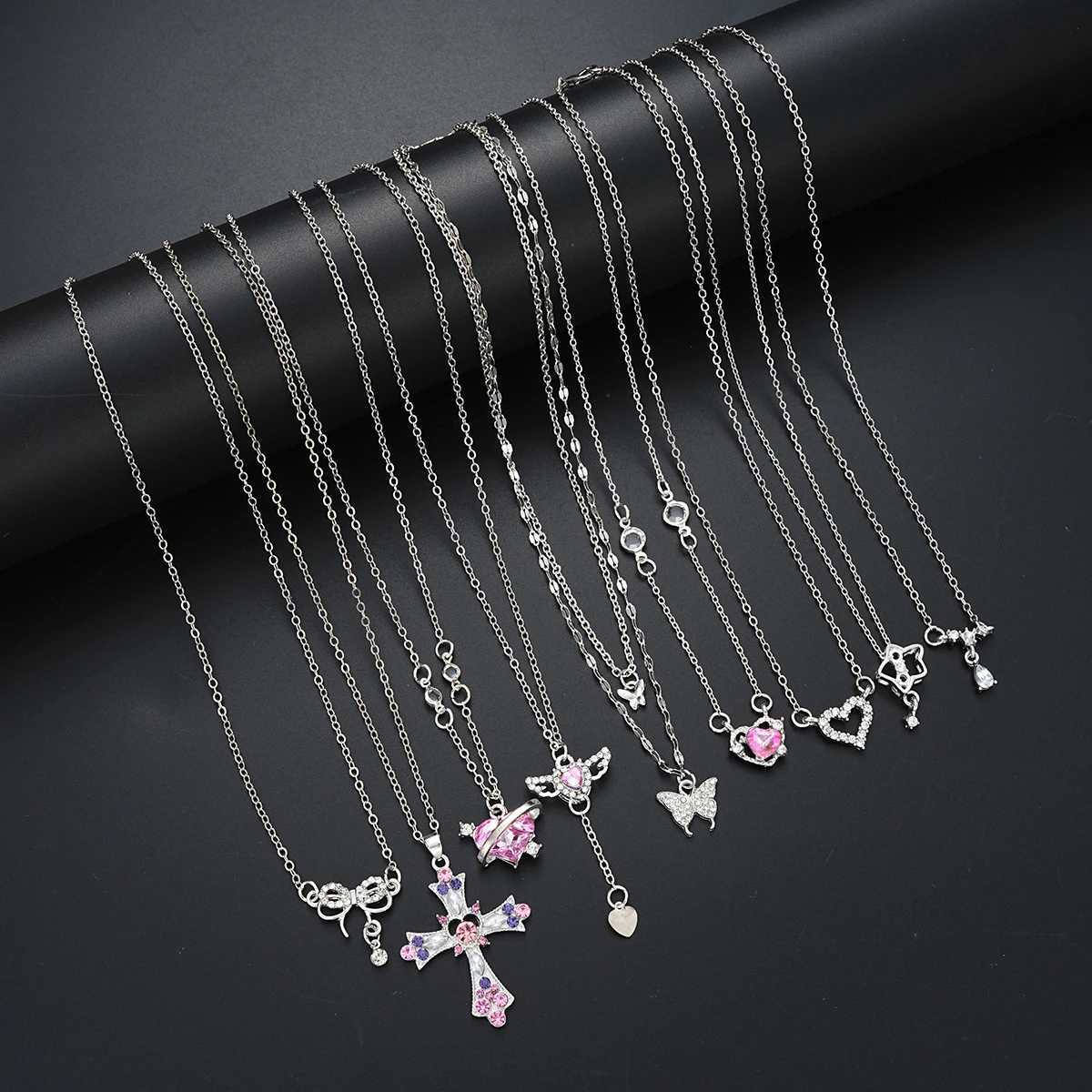 9 Pcs Womens Elegant Zircon Pendant Necklace Set Fashion Pink Color Cross Butterfly Heart Bowknot Necklaces Party Jewelry Gift XJ250717