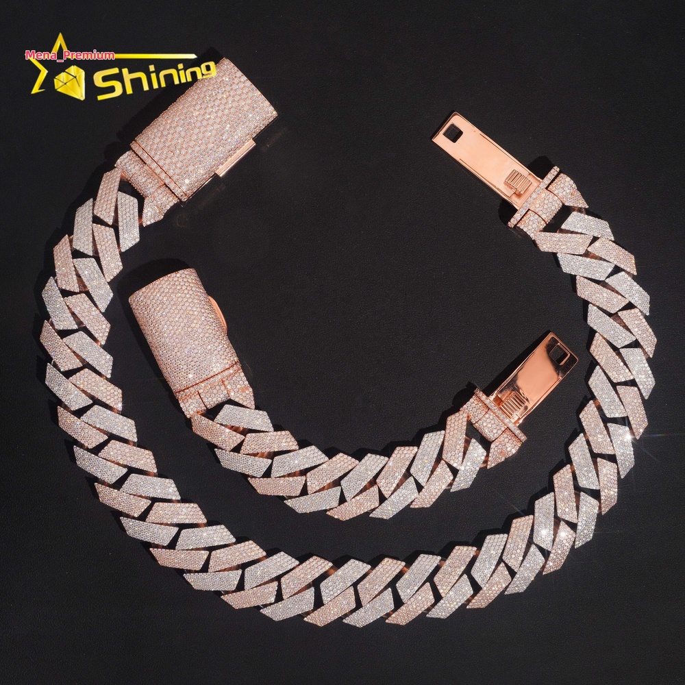 Hip Hop Solid Silver 925 Rose Gold Two Tone Big Cuban 24MM Iced Out VVS Moissanite Cuban Chain Necklace