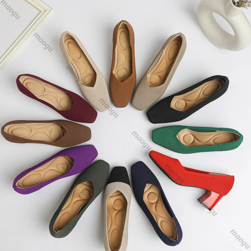 Shoes Woman High Heels Comfortable Square Knitted Breathable Comfortable Womens Flats Shoes 5cm High Collection 251017